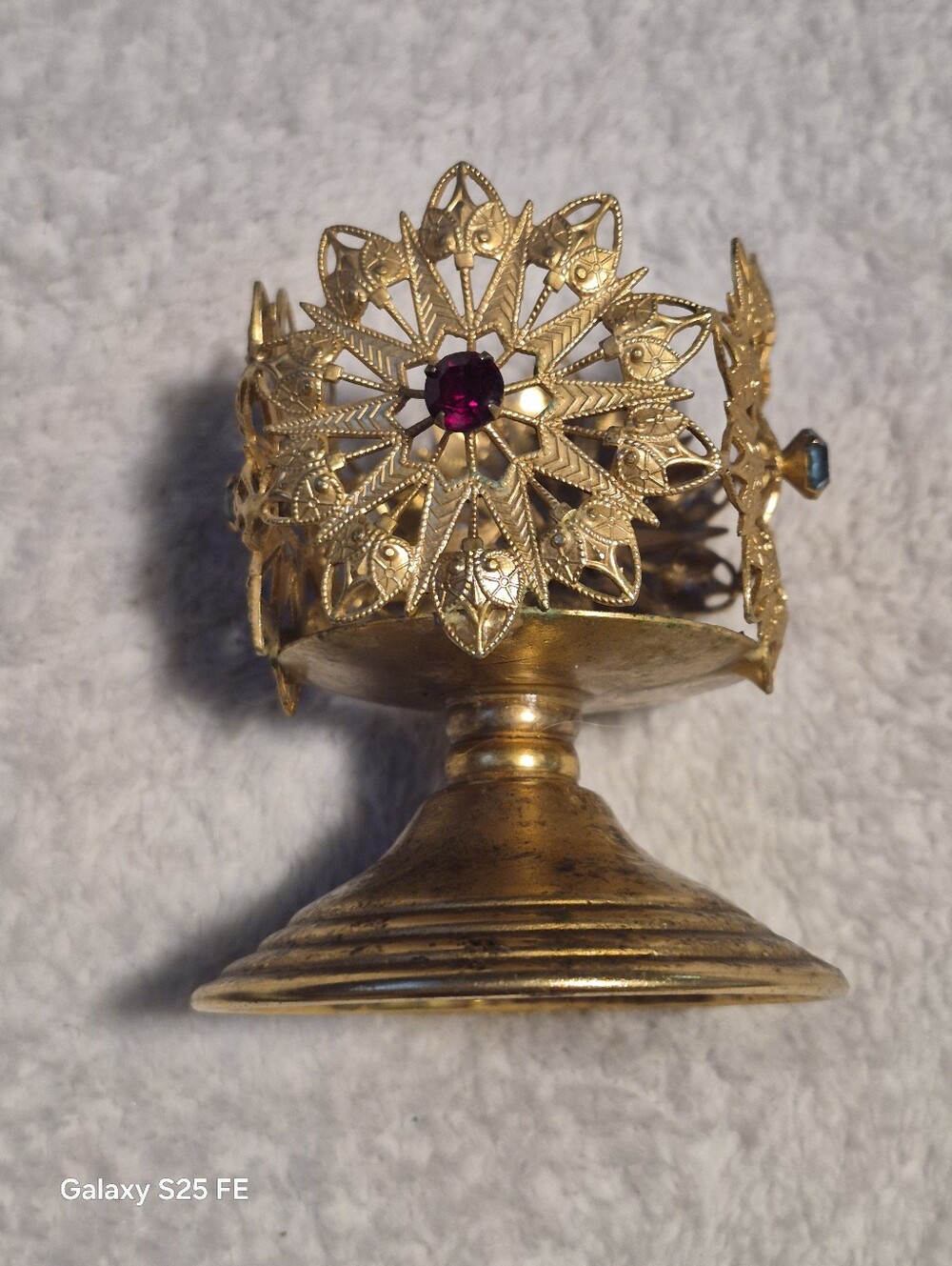 Vintage Ornate Filigree Jeweled Pedestal Candle Holder